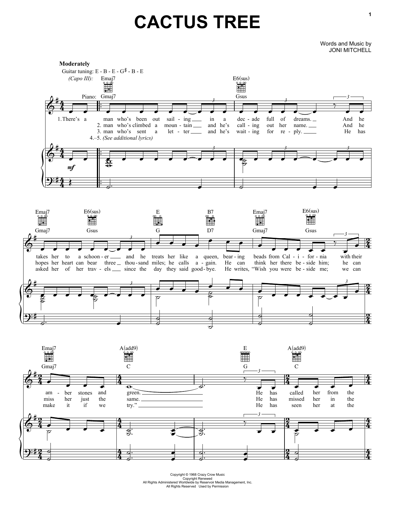 Joni Mitchell Cactus Tree sheet music notes and chords. Download Printable PDF.