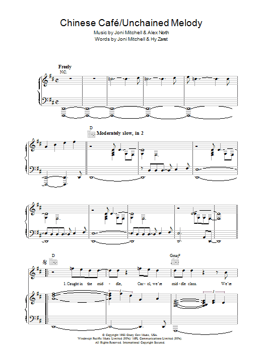 Learn to play Joni Mitchell Chinese Cafe/ Unchained Melody sheet music for Piano, Vocal & Guitar Chords in minutes. Price: 7.8900$ Joni Mitchell Chinese Cafe/ Unchained Melody sheet music notes and chords arranged for Piano, Vocal & Guitar Chords