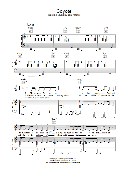 Joni Mitchell Coyote sheet music notes and chords arranged for Piano, Vocal & Guitar Chords