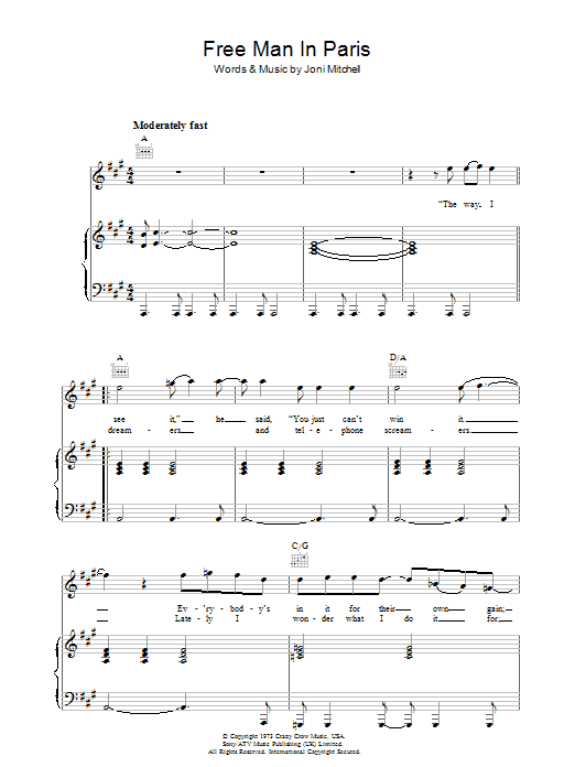 Joni Mitchell Free Man In Paris sheet music notes and chords arranged for Piano, Vocal & Guitar Chords