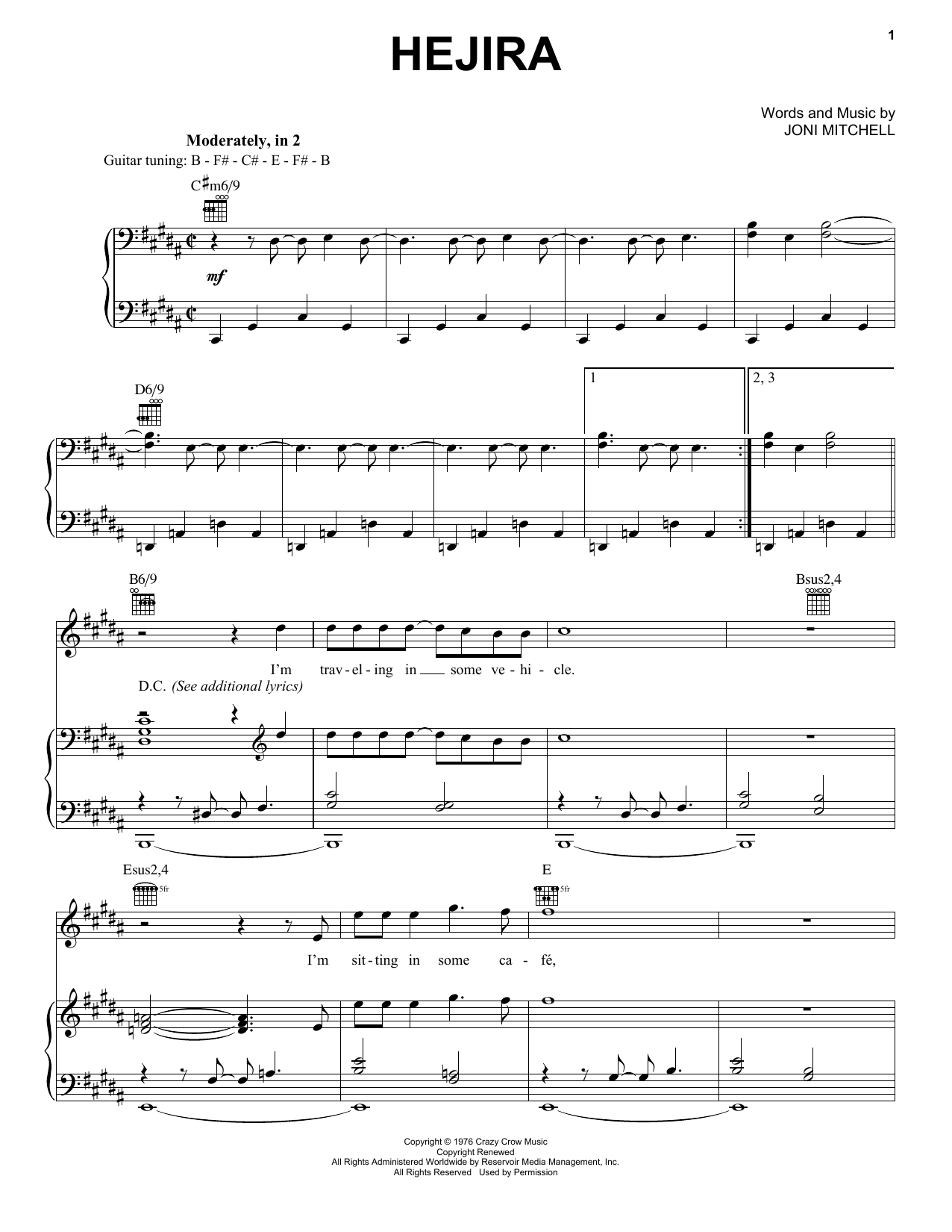 Joni Mitchell Hejira sheet music notes and chords. Download Printable PDF.