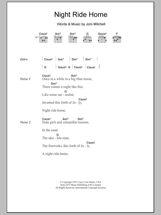 Joni Mitchell Night Ride Home sheet music notes and chords. Download Printable PDF.