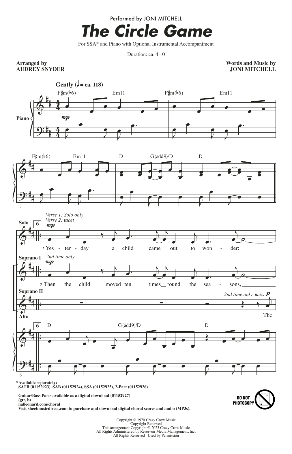 Joni Mitchell The Circle Game (arr. Audrey Snyder) sheet music notes and chords. Download Printable PDF.