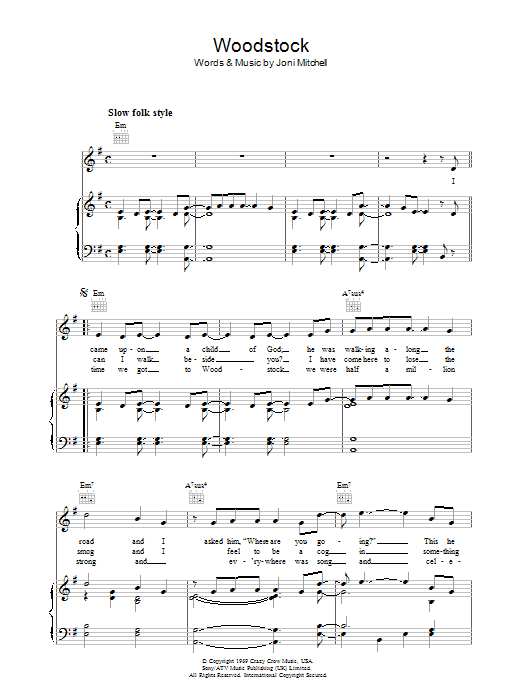 Joni Mitchell Woodstock sheet music notes and chords. Download Printable PDF.