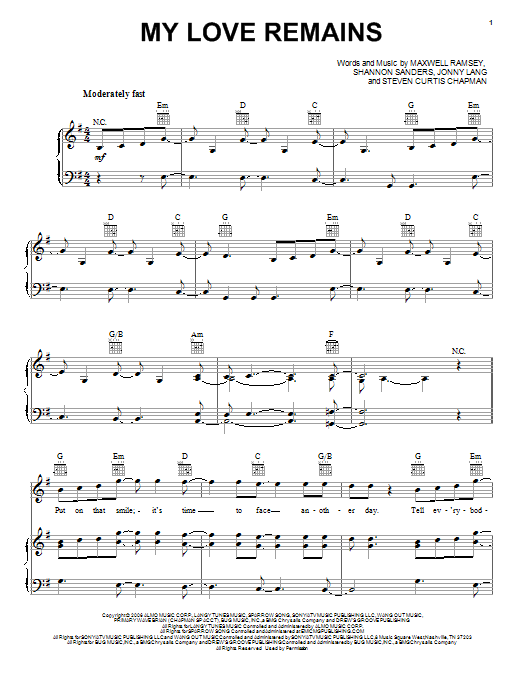 Learn to play Jonny Lang My Love Remains sheet music for Piano, Vocal & Guitar Chords (Right-Hand Melody) in minutes. Price: 7.8900$ Jonny Lang My Love Remains sheet music notes and chords arranged for Piano, Vocal & Guitar Chords (Right-Hand Melody)