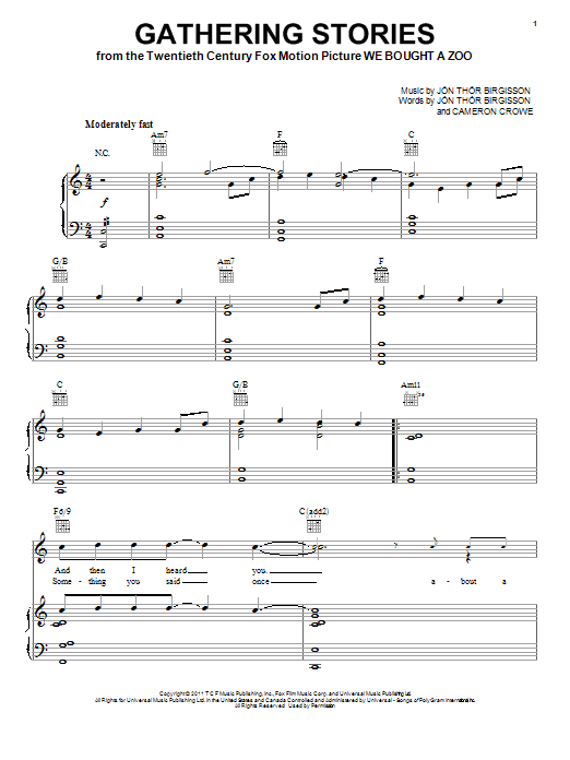 Learn to play Jonsi Gathering Stories sheet music for Piano, Vocal & Guitar Chords (Right-Hand Melody) in minutes. Price: 7.8900$ Jonsi Gathering Stories sheet music notes and chords arranged for Piano, Vocal & Guitar Chords (Right-Hand Melody)