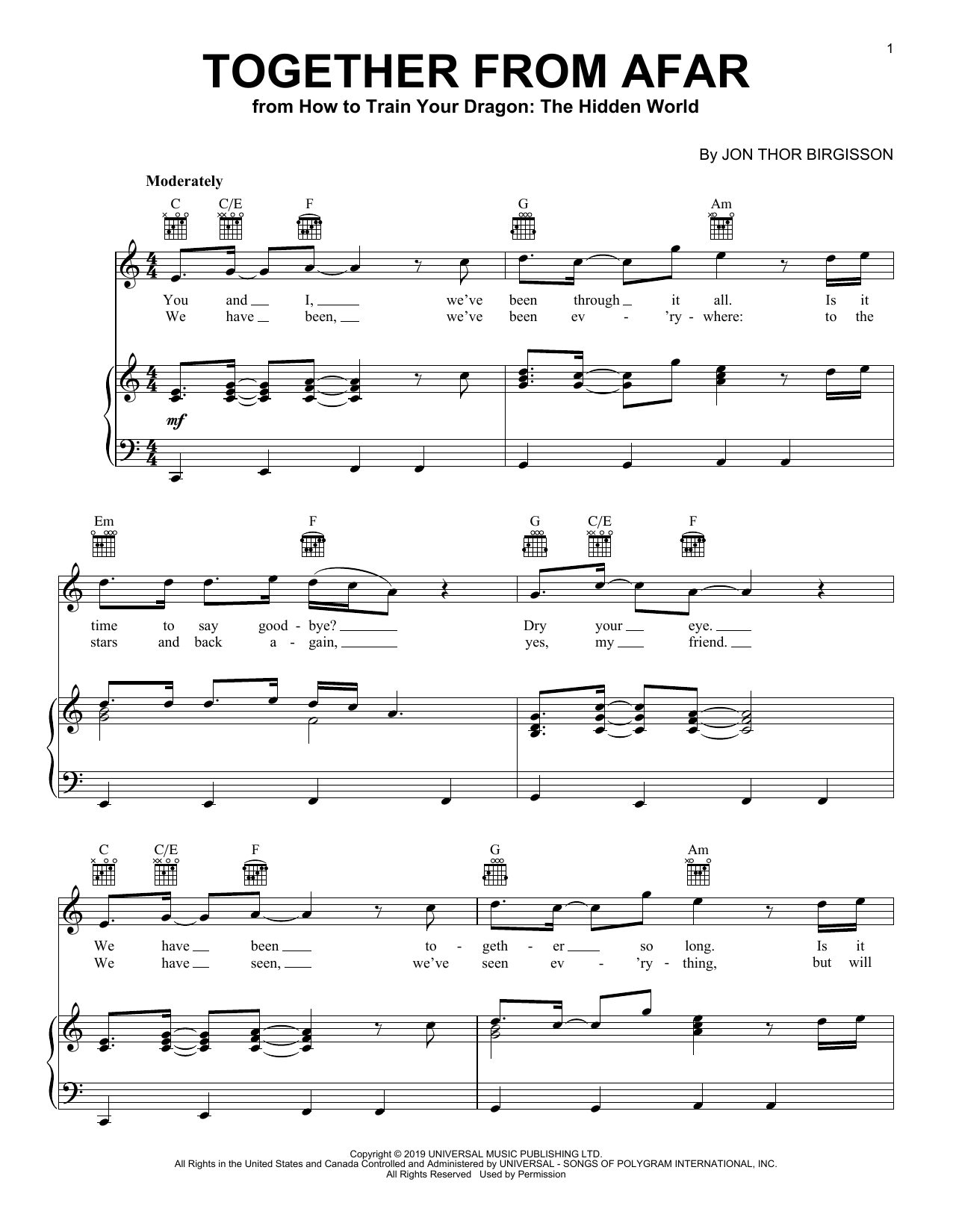 Jonsi Together From Afar (from How to Train Your Dragon: The Hidden World) sheet music notes and chords. Download Printable PDF.