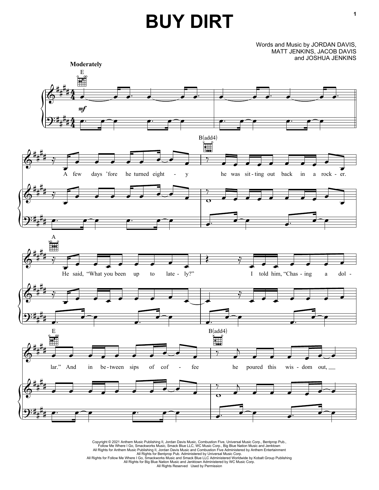 Jordan Davis and Luke Bryan Buy Dirt sheet music notes and chords. Download Printable PDF.