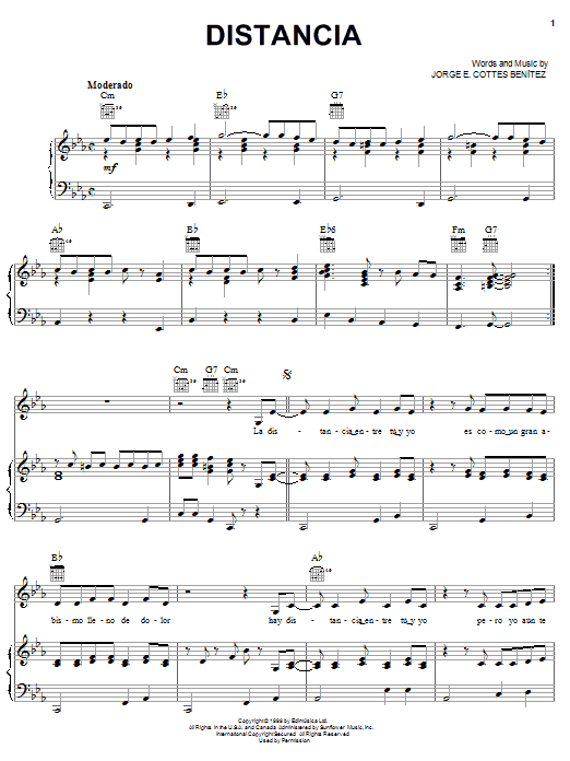 Learn to play Jorge E. Cottes Benitez Distancia sheet music for Piano, Vocal & Guitar Chords (Right-Hand Melody) in minutes. Price: 7.8900$ Jorge E. Cottes Benitez Distancia sheet music notes and chords arranged for Piano, Vocal & Guitar Chords (Right-Hand Melody)