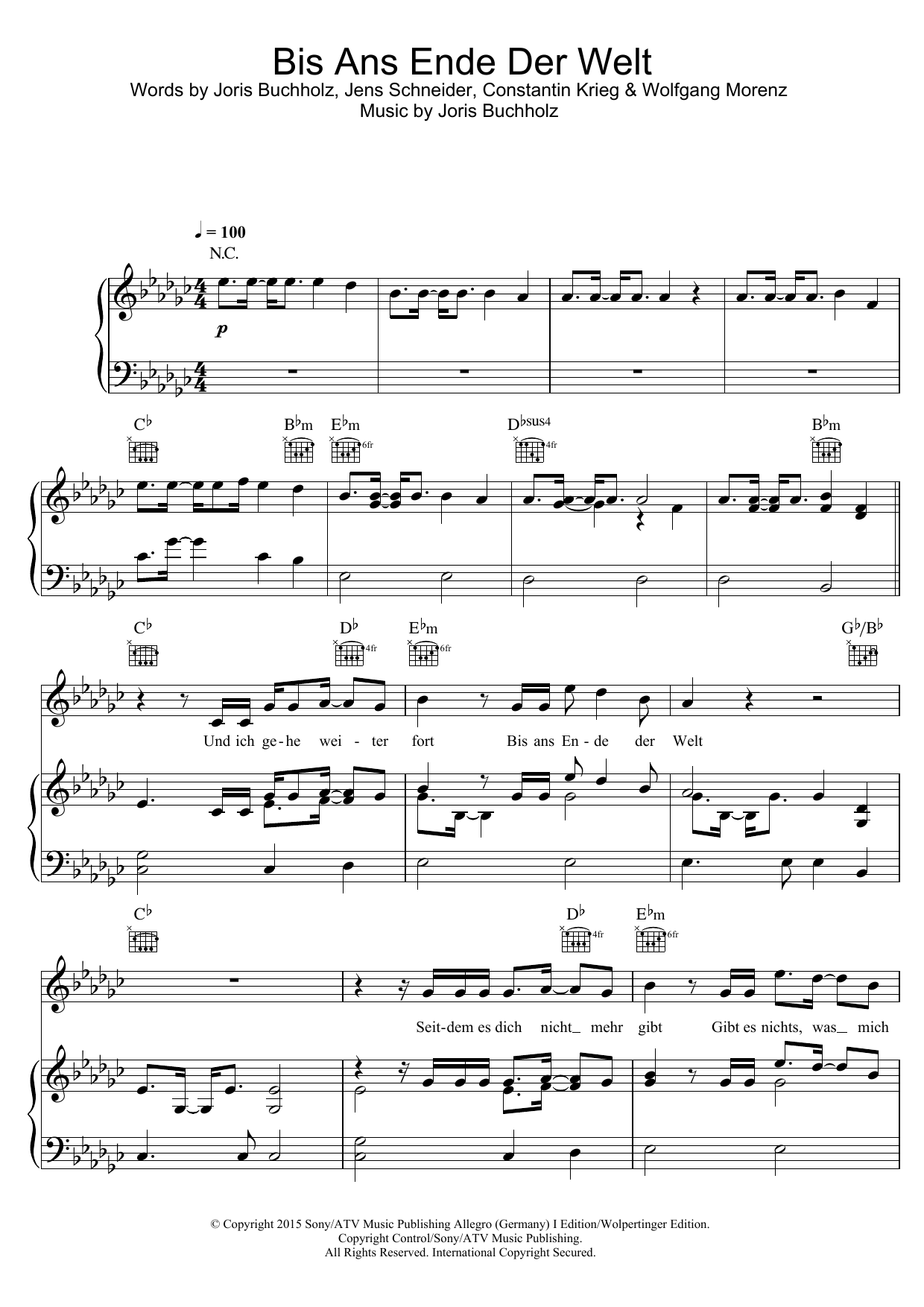 Joris Bis Ans Ende Der Welt sheet music notes and chords. Download Printable PDF.