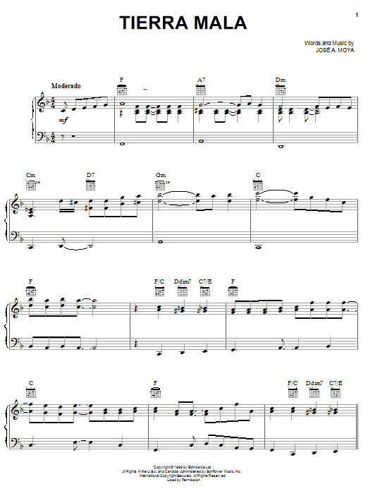 Learn to play José A. Moya Tierra Mala sheet music for Piano, Vocal & Guitar Chords (Right-Hand Melody) in minutes. Price: 7.8900$ José A. Moya Tierra Mala sheet music notes and chords arranged for Piano, Vocal & Guitar Chords (Right-Hand Melody)