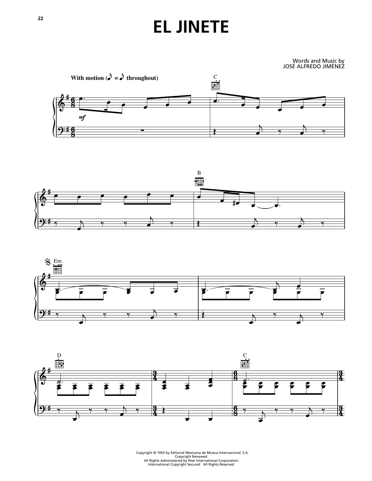 Learn to play Jose Alfredo Jimenez El Jinete sheet music for Piano, Vocal & Guitar Chords (Right-Hand Melody) in minutes. Price: 7.8900$ Jose Alfredo Jimenez El Jinete sheet music notes and chords arranged for Piano, Vocal & Guitar Chords (Right-Hand Melody)