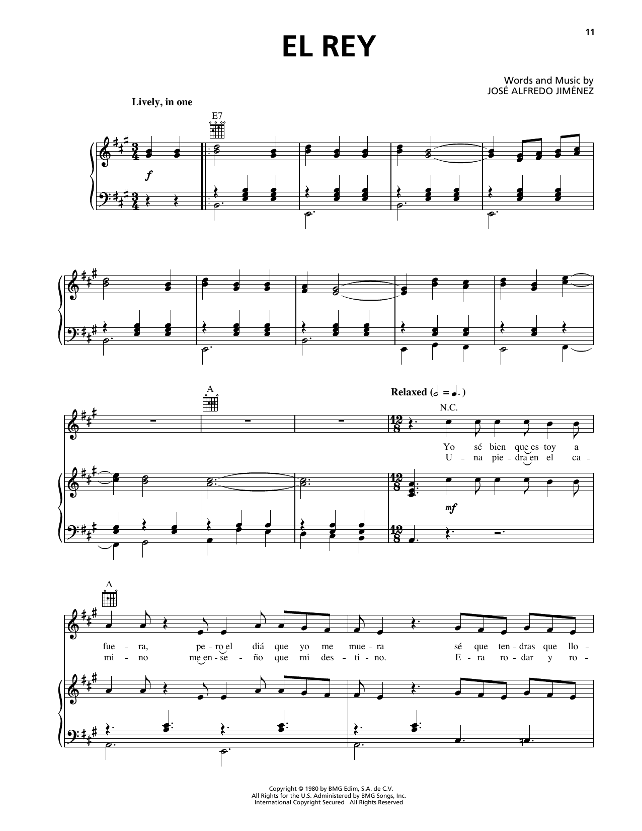 Learn to play Jose Alfredo Jimenez El Rey sheet music for Piano, Vocal & Guitar Chords (Right-Hand Melody) in minutes. Price: 7.8900$ Jose Alfredo Jimenez El Rey sheet music notes and chords arranged for Piano, Vocal & Guitar Chords (Right-Hand Melody)