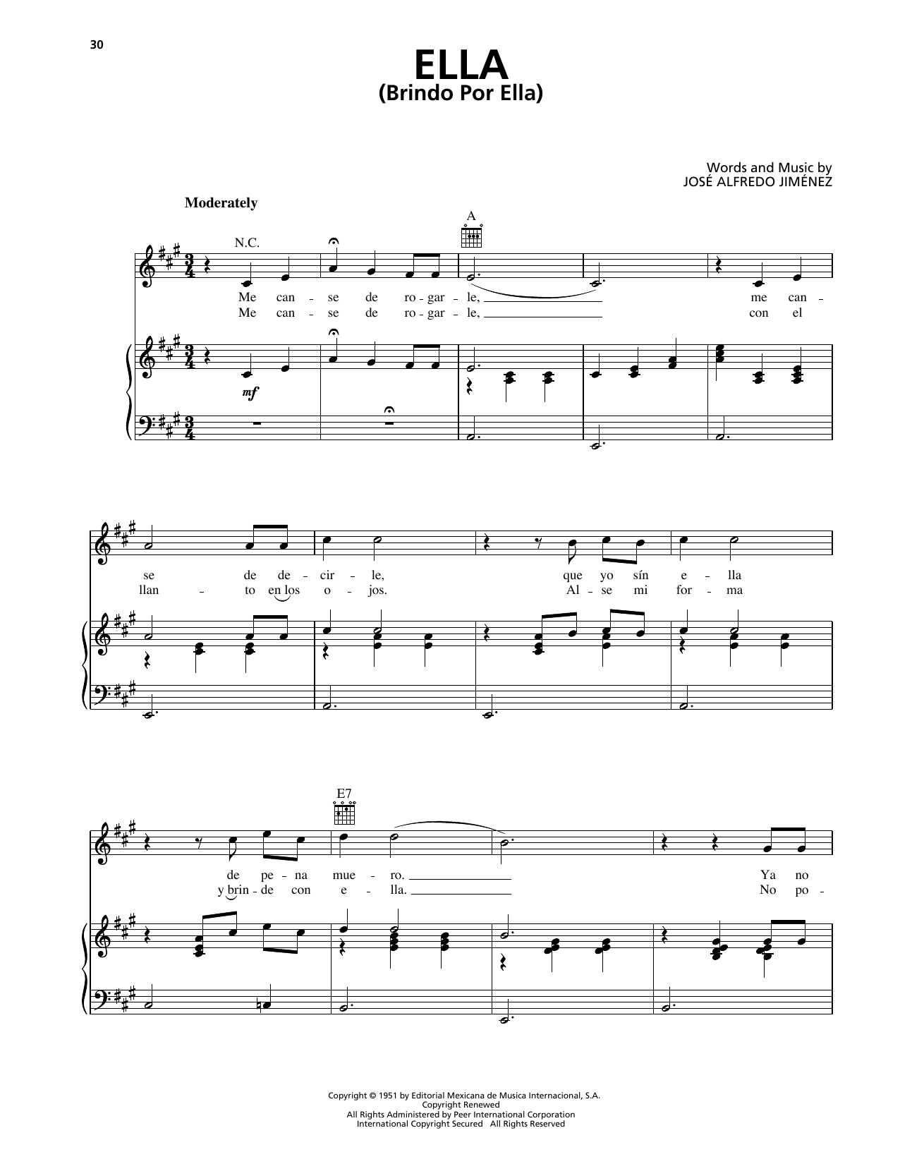 Jose Alfredo Jimenez Ella (Brindo Por Ella) sheet music notes and chords arranged for Piano, Vocal & Guitar Chords (Right-Hand Melody)