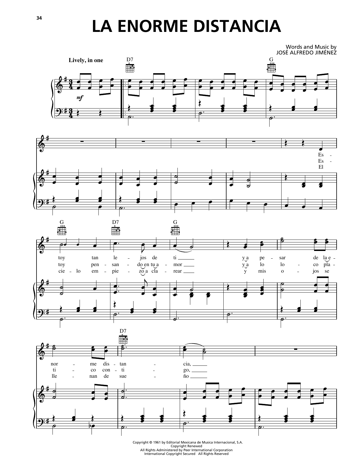 Jose Alfredo Jimenez La Enorme Distancia sheet music notes and chords arranged for Piano, Vocal & Guitar Chords (Right-Hand Melody)