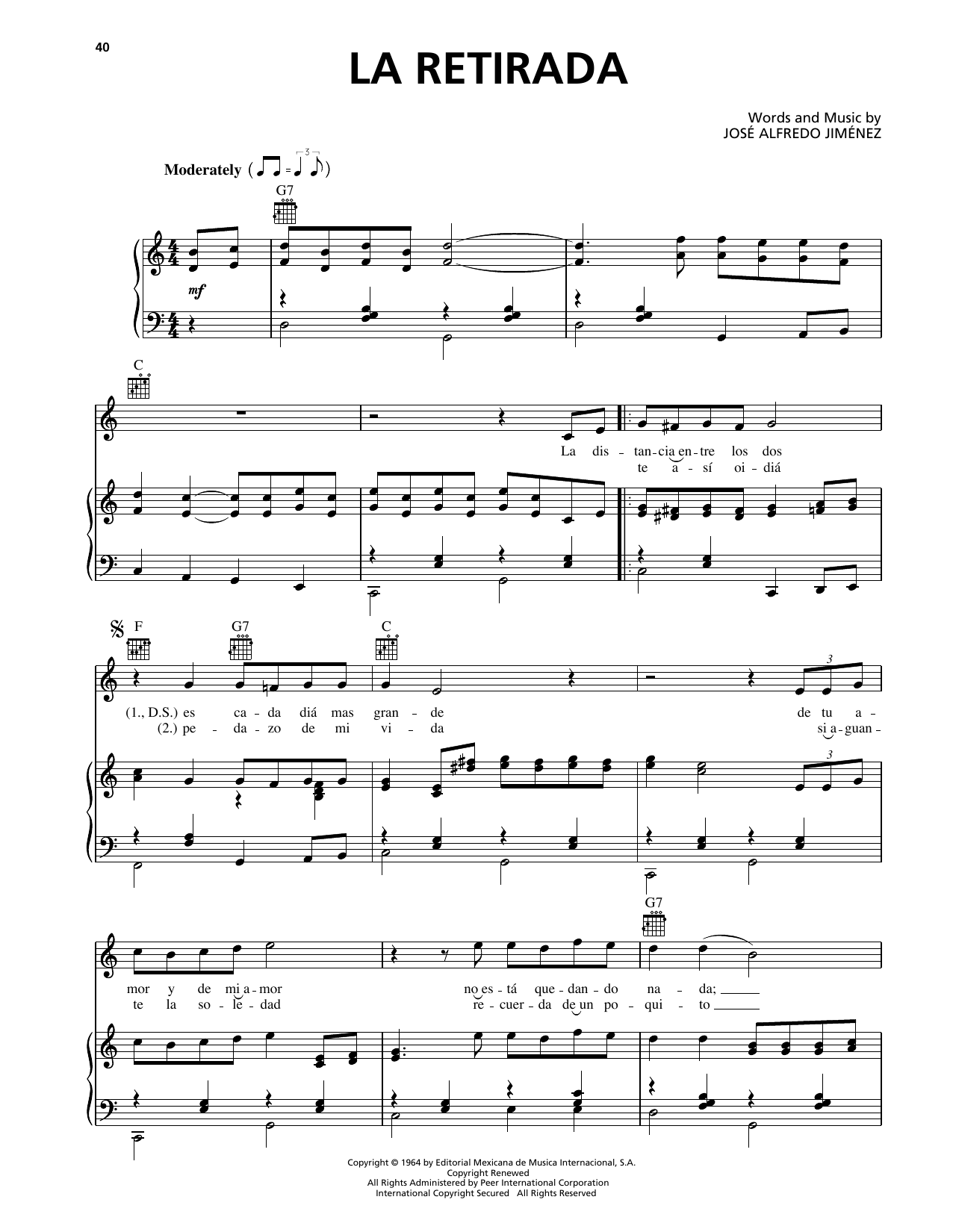Learn to play Jose Alfredo Jimenez La Retirada sheet music for Piano, Vocal & Guitar Chords (Right-Hand Melody) in minutes. Price: 7.8900$ Jose Alfredo Jimenez La Retirada sheet music notes and chords arranged for Piano, Vocal & Guitar Chords (Right-Hand Melody)