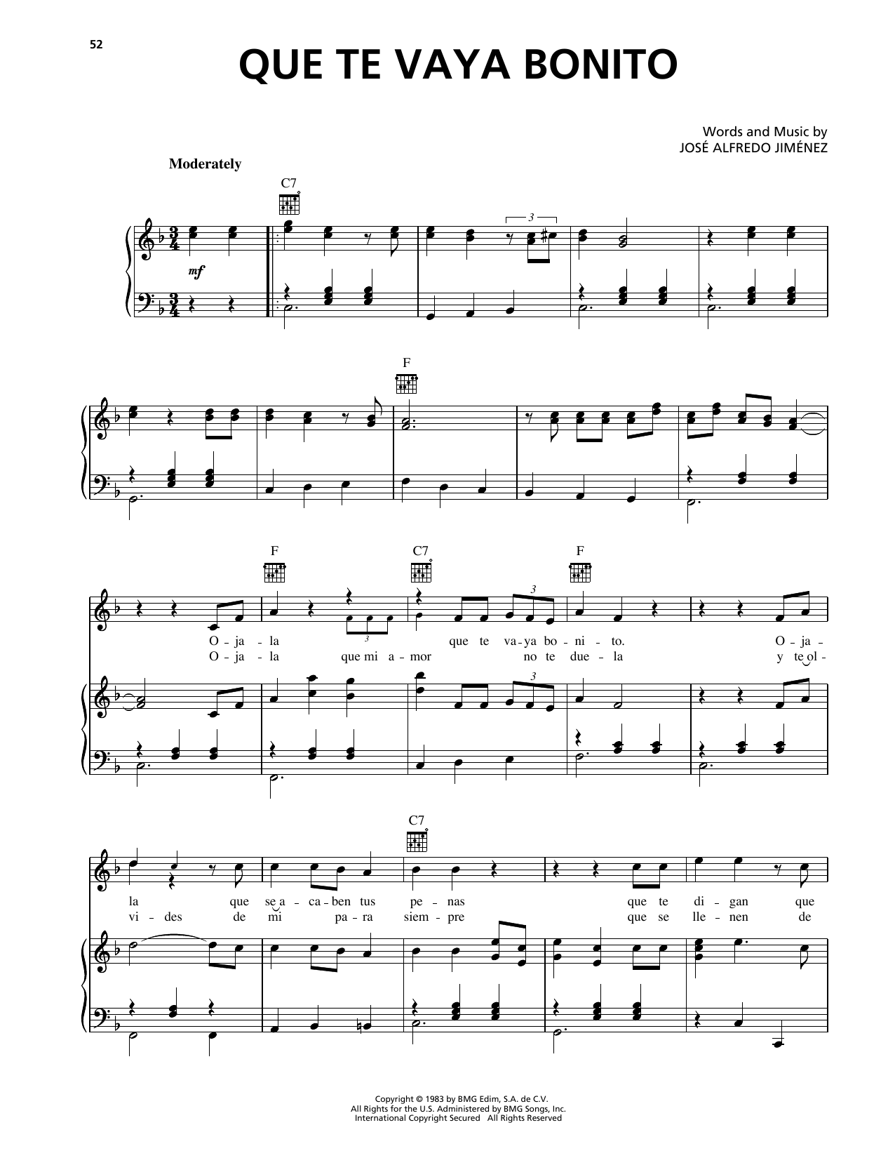 Jose Alfredo Jimenez Que Te Vaya Bonito sheet music notes and chords arranged for Piano, Vocal & Guitar Chords (Right-Hand Melody)