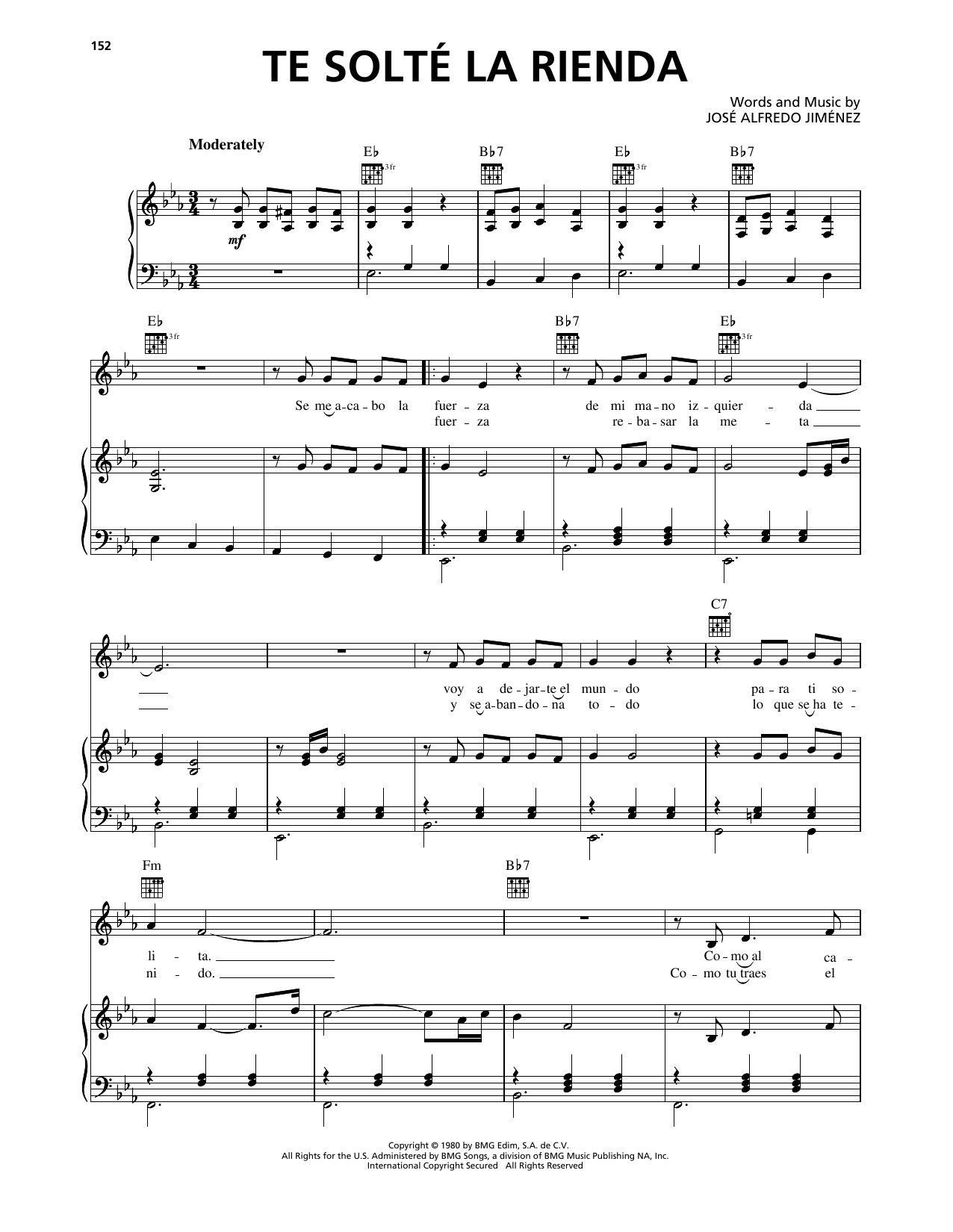 Learn to play Jose Alfredo Jimenez Te Solté La Rienda sheet music for Piano, Vocal & Guitar Chords (Right-Hand Melody) in minutes. Price: 7.8900$ Jose Alfredo Jimenez Te Solté La Rienda sheet music notes and chords arranged for Piano, Vocal & Guitar Chords (Right-Hand Melody)