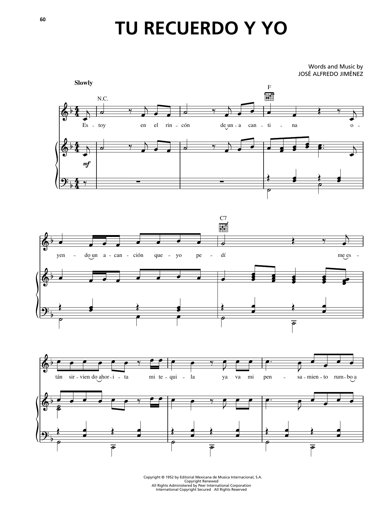 Learn to play Jose Alfredo Jimenez Tu Recuerdo Y Yo sheet music for Piano, Vocal & Guitar Chords (Right-Hand Melody) in minutes. Price: 7.8900$ Jose Alfredo Jimenez Tu Recuerdo Y Yo sheet music notes and chords arranged for Piano, Vocal & Guitar Chords (Right-Hand Melody)