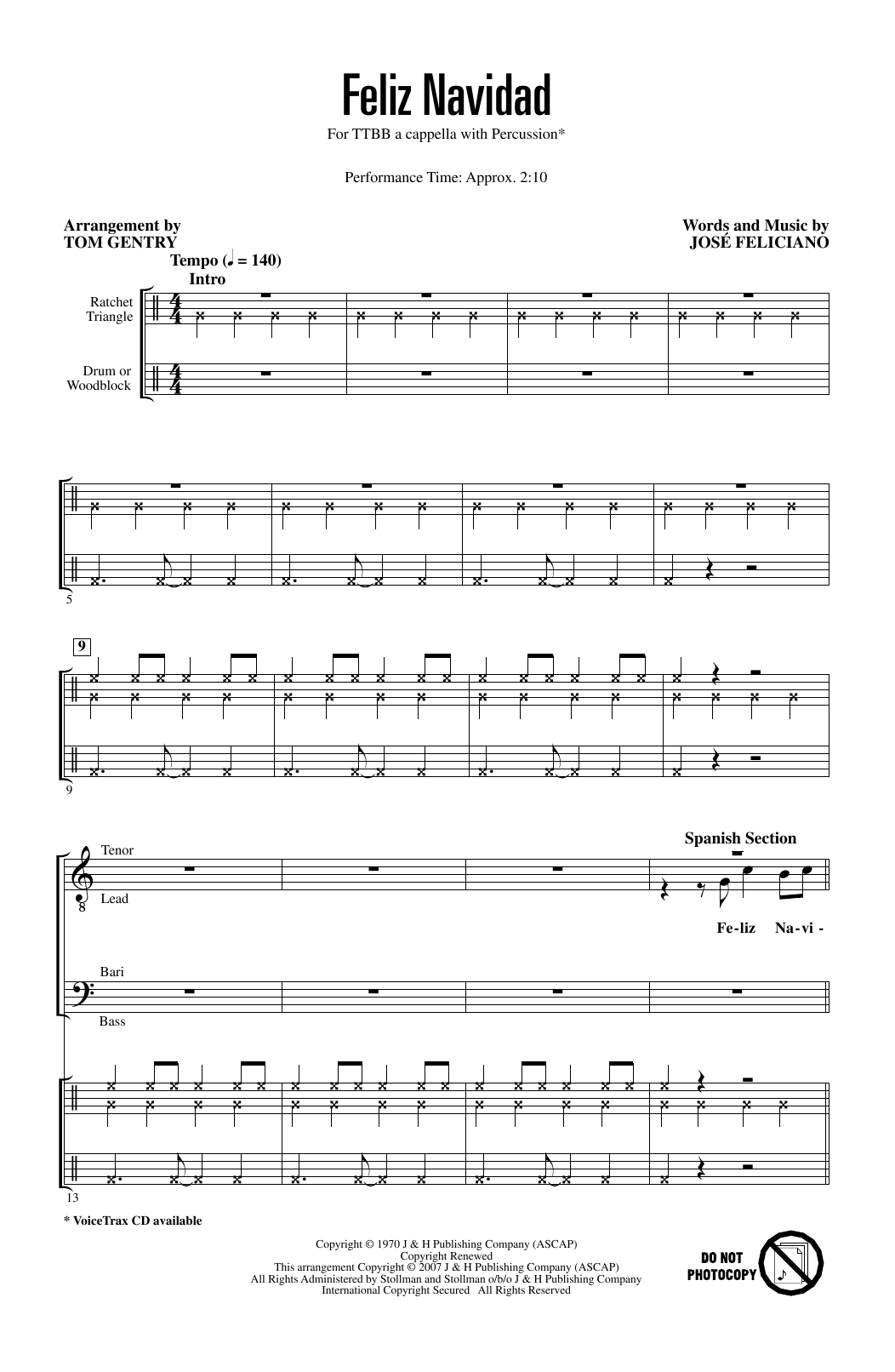 Jose Feliciano Feliz Navidad (arr. Tom Gentry, David Briner) sheet music notes and chords. Download Printable PDF.