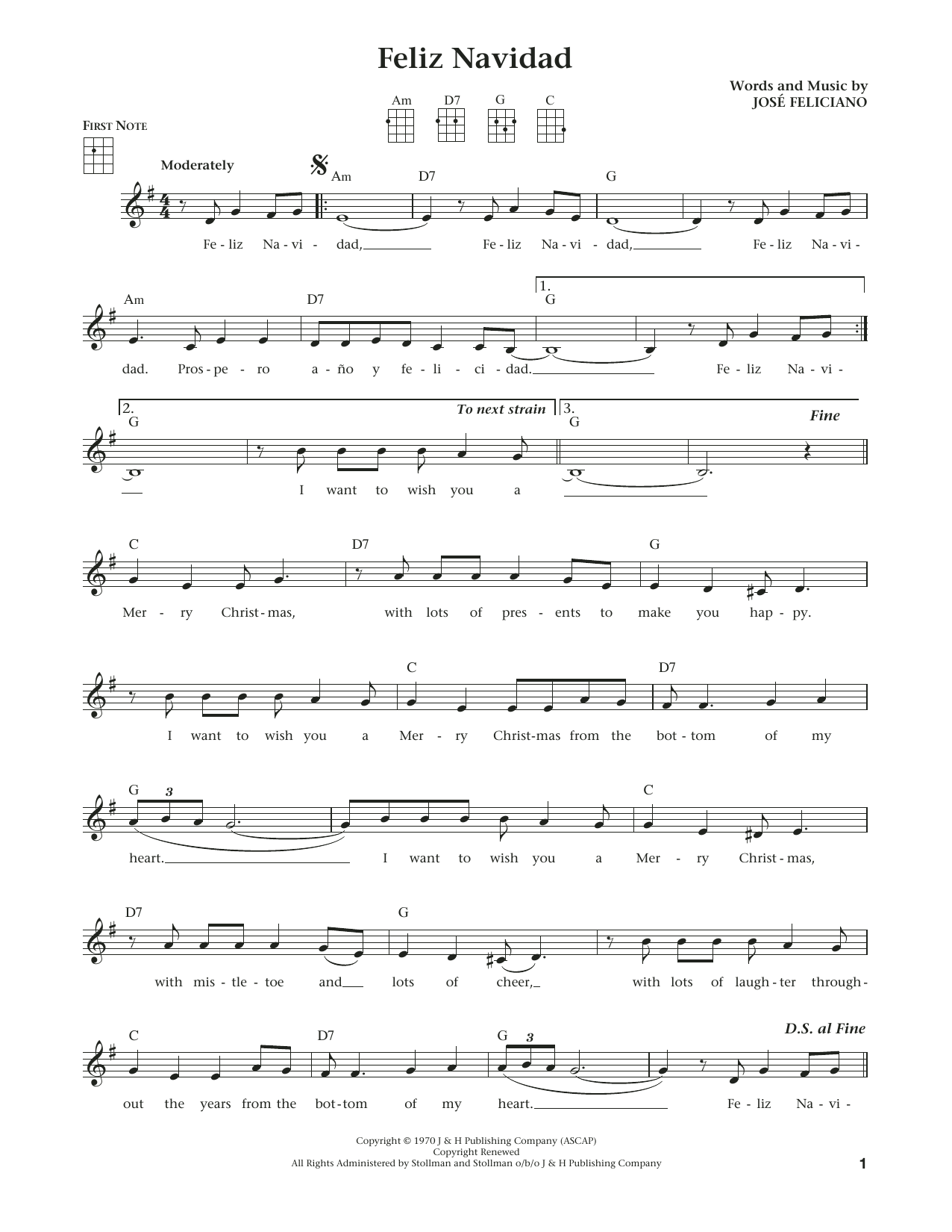 Jose Feliciano Feliz Navidad sheet music notes and chords. Download Printable PDF.