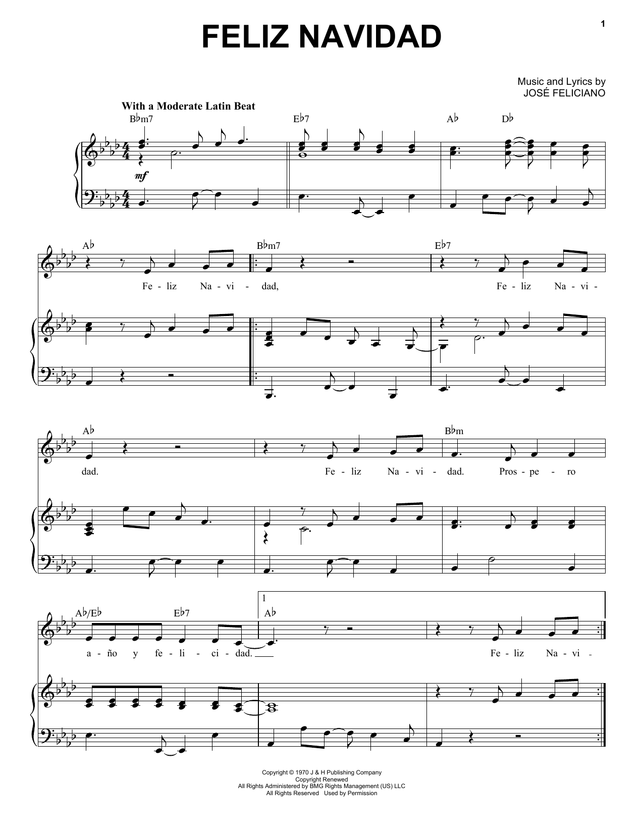 Jose Feliciano Feliz Navidad sheet music notes and chords arranged for Super Easy Piano