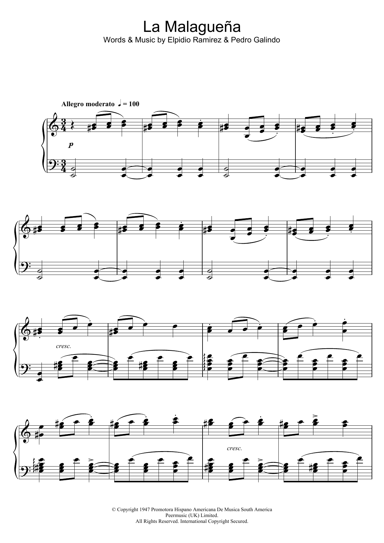 Jose Feliciano La Malaguena sheet music notes and chords. Download Printable PDF.