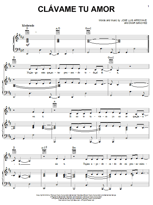 Learn to play Jose Luis Arroyave Clavame Tu Amor sheet music for Piano, Vocal & Guitar Chords (Right-Hand Melody) in minutes. Price: 7.8900$ Jose Luis Arroyave Clavame Tu Amor sheet music notes and chords arranged for Piano, Vocal & Guitar Chords (Right-Hand Melody)