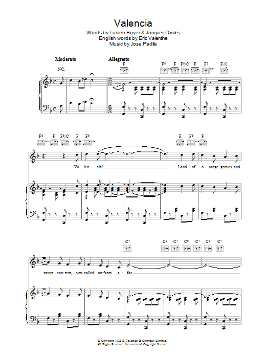Learn to play Jose Padilla Valencia sheet music for Piano, Vocal & Guitar Chords in minutes. Price: 7.8900$ Jose Padilla Valencia sheet music notes and chords arranged for Piano, Vocal & Guitar Chords