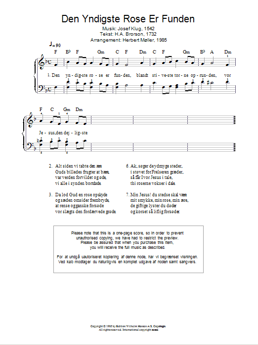 Josef Klug Den Yndigste Rose Er Funden sheet music notes and chords arranged for Piano Solo