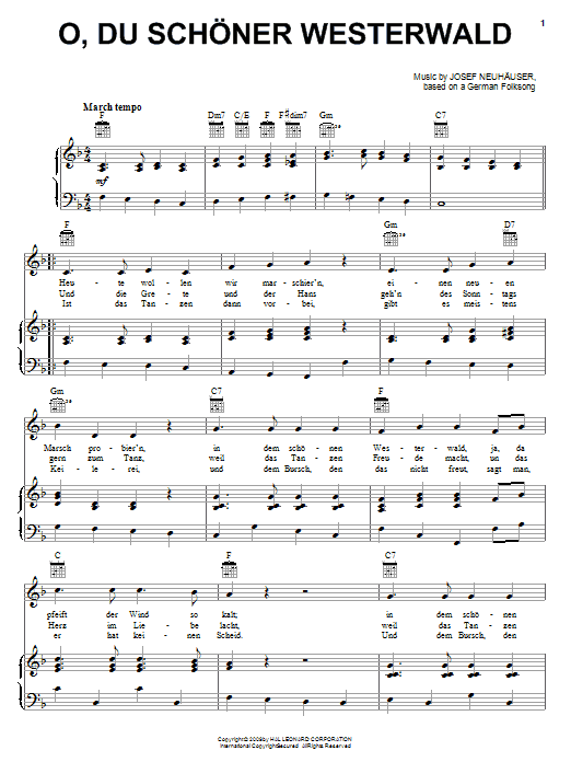 Josef Neuhauser O, Du Schoner Westerwald sheet music notes and chords arranged for Piano, Vocal & Guitar Chords (Right-Hand Melody)