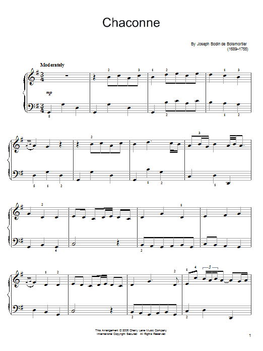 Learn to play Joseph Bodin De Boismortier Chaconne sheet music for Easy Piano in minutes. Price: 6.9900$ Joseph Bodin De Boismortier Chaconne sheet music notes and chords arranged for Easy Piano