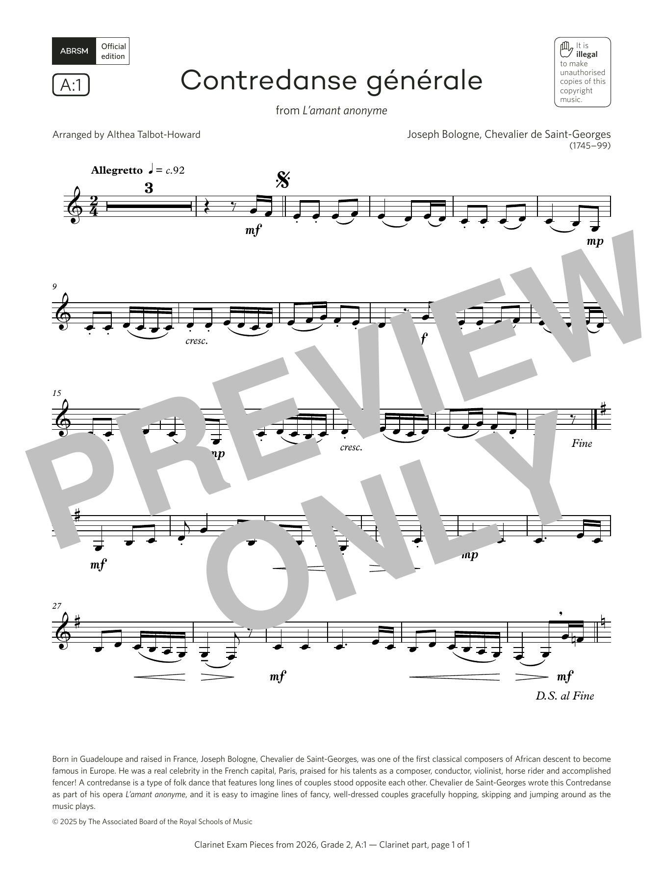 Learn to play Joseph Bologne Contredanse générale (Grade 2, list A1, from the ABRSM Clarinet Syllabus from 2026) sheet music for Clarinet Solo in minutes. Price: 5.9900$ Joseph Bologne Contredanse générale (Grade 2, list A1, from the ABRSM Clarinet Syllabus from 2026) sheet music notes and chords arranged for Clarinet Solo