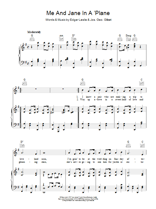 Learn to play Joseph George Gilbert Me And Jane In A Plane sheet music for Piano, Vocal & Guitar Chords in minutes. Price: 7.8900$ Joseph George Gilbert Me And Jane In A Plane sheet music notes and chords arranged for Piano, Vocal & Guitar Chords