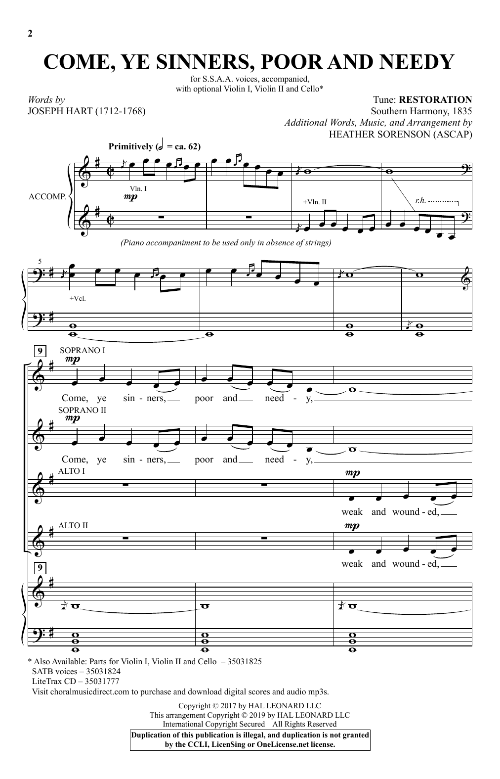 Learn to play Joseph Hart and Heather Sorenson Come, Ye Sinners, Poor And Needy (arr. Heather Sorenson) sheet music for SSA Choir in minutes. Price: 3.9900$ Joseph Hart and Heather Sorenson Come, Ye Sinners, Poor And Needy (arr. Heather Sorenson) sheet music notes and chords arranged for SSA Choir