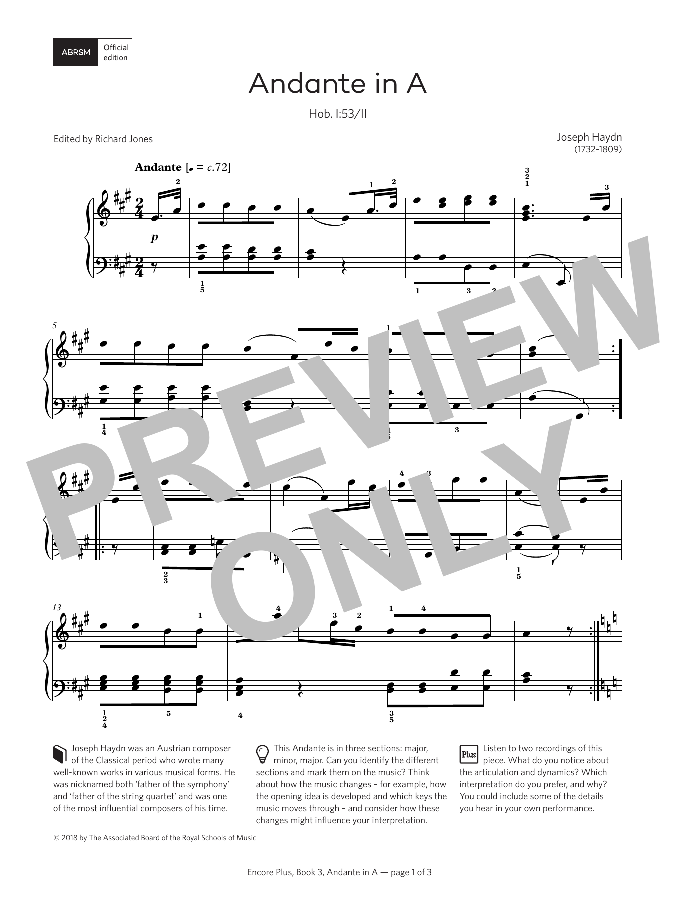 Joseph Haydn Andante in A, Hob. I:53/II (Encore Plus, Book 3) sheet music notes and chords arranged for Piano Solo