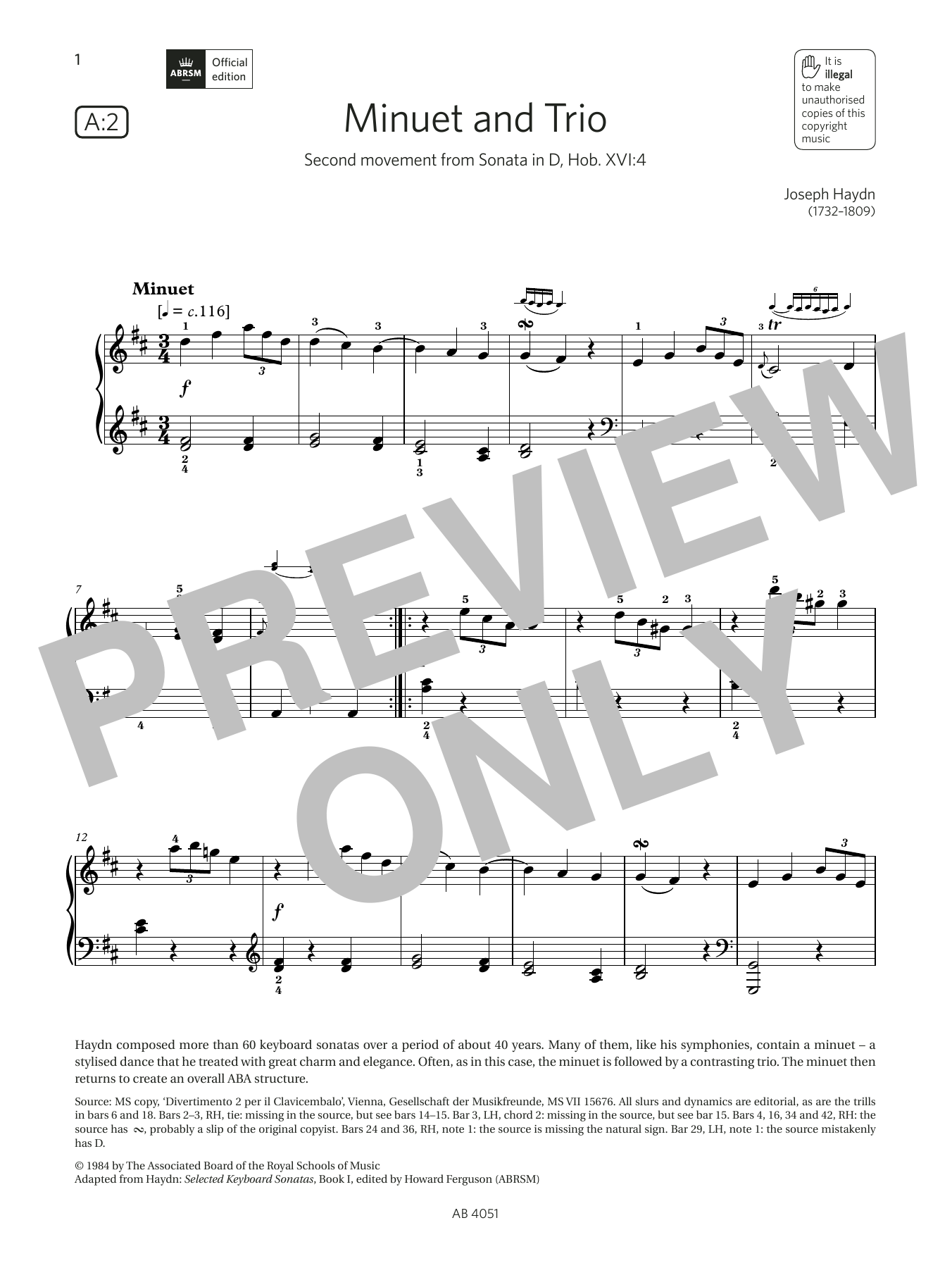 Joseph Haydn Minuet and Trio (Grade 5, list A2, from the ABRSM Piano Syllabus 2023 & 2024) sheet music notes and chords. Download Printable PDF.