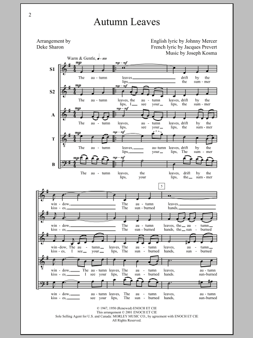 Joseph Kosma Autumn Leaves (arr. Deke Sharon) sheet music notes and chords. Download Printable PDF.