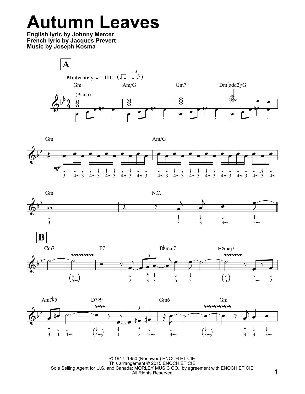 Joseph Kosma Autumn Leaves (arr. Will Galison) sheet music notes and chords. Download Printable PDF.