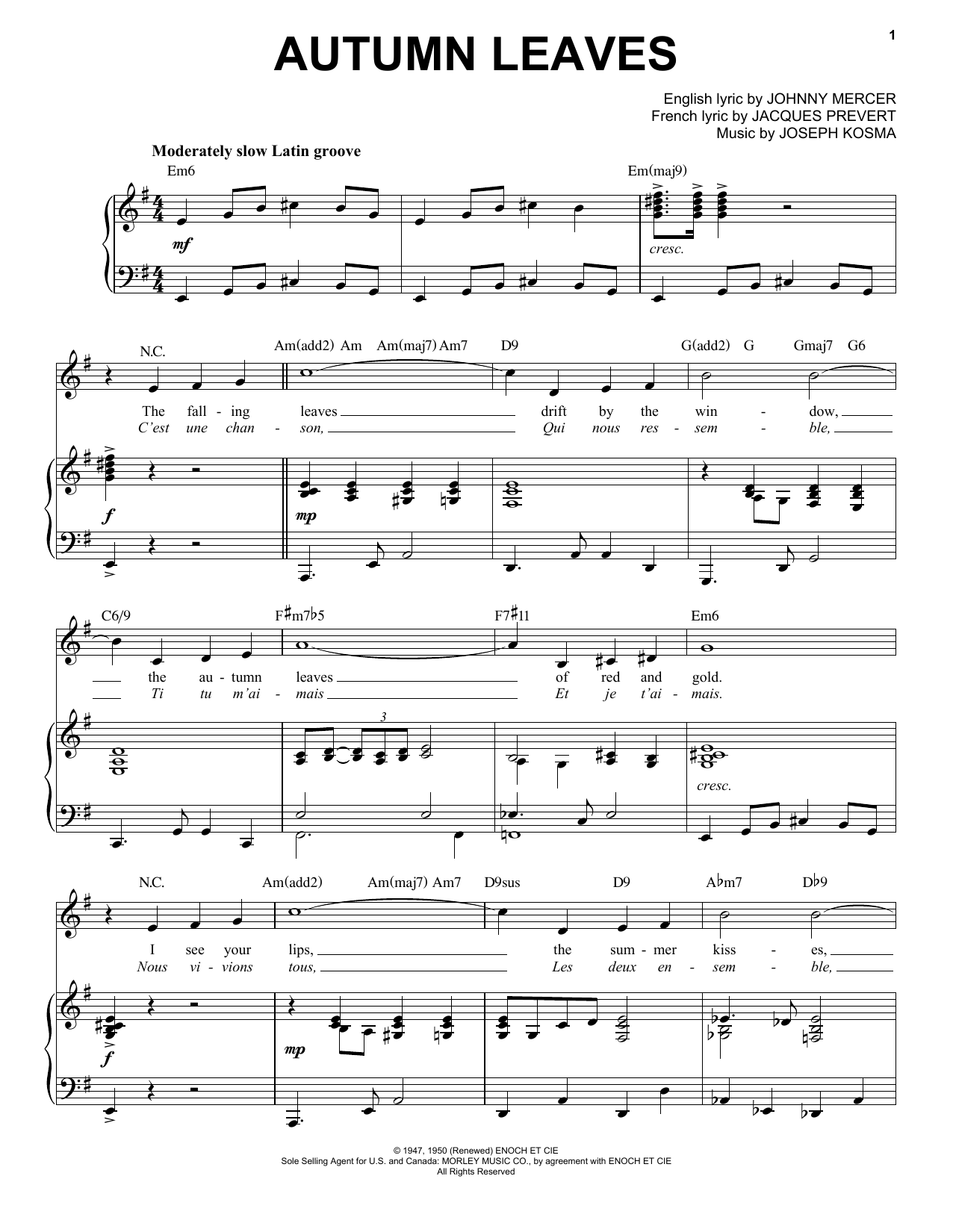 Joseph Kosma Autumn Leaves [Jazz version] (arr. Brent Edstrom) sheet music notes and chords. Download Printable PDF.