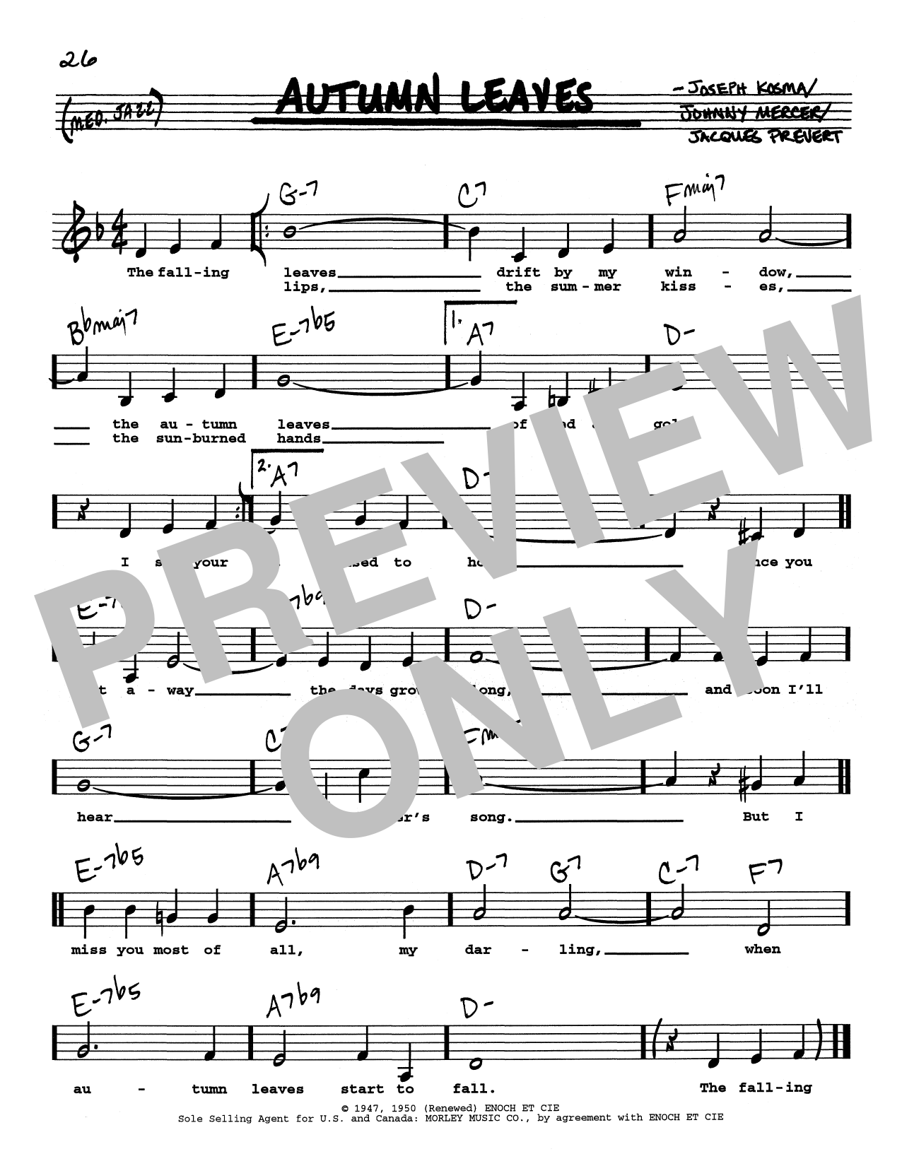 Joseph Kosma Autumn Leaves (Low Voice) sheet music notes and chords. Download Printable PDF.