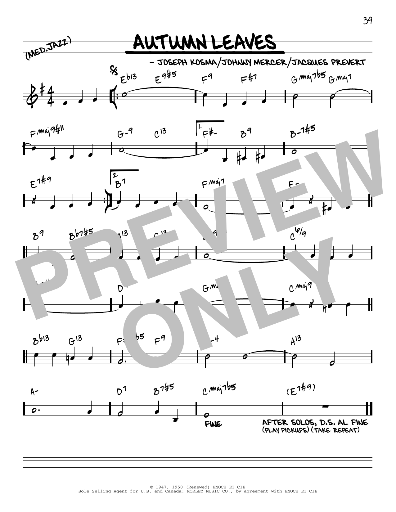 Joseph Kosma Autumn Leaves [Reharmonized version] (arr. Jack Grassel) sheet music notes and chords arranged for Real Book – Melody & Chords