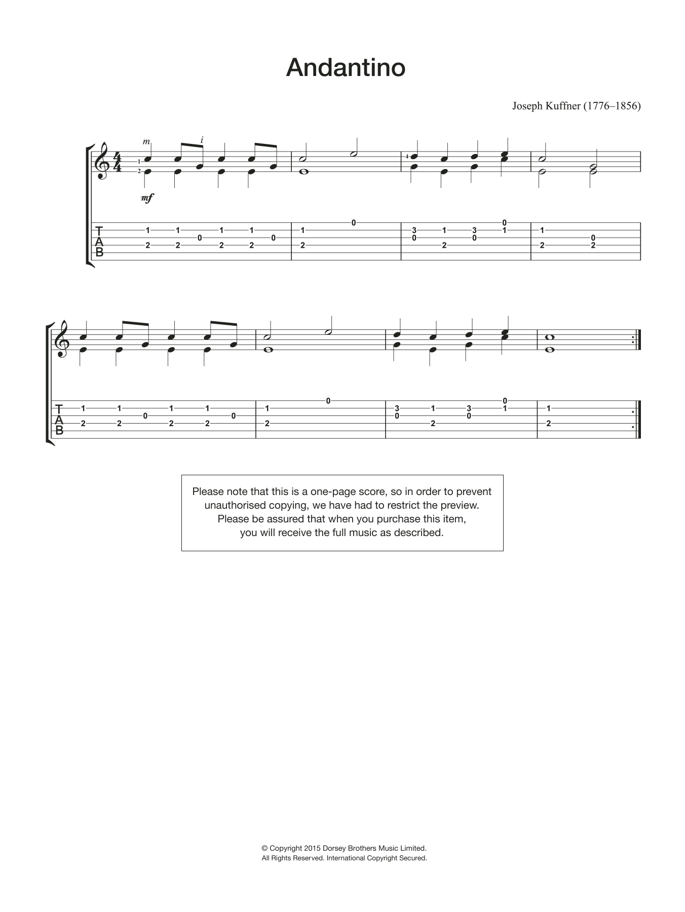 Joseph Kuffner Andantino sheet music notes and chords. Download Printable PDF.