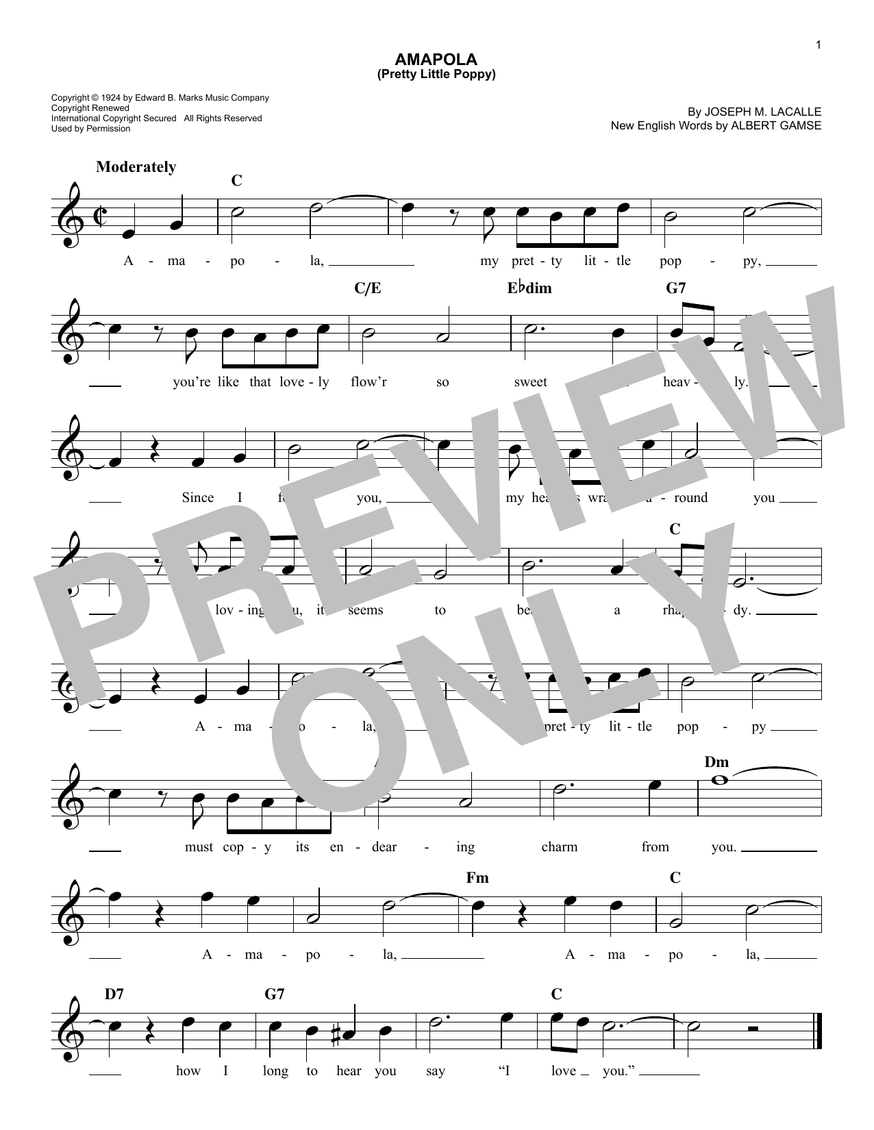 Joseph M. Lacalle Amapola (Pretty Little Poppy) sheet music notes and chords. Download Printable PDF.