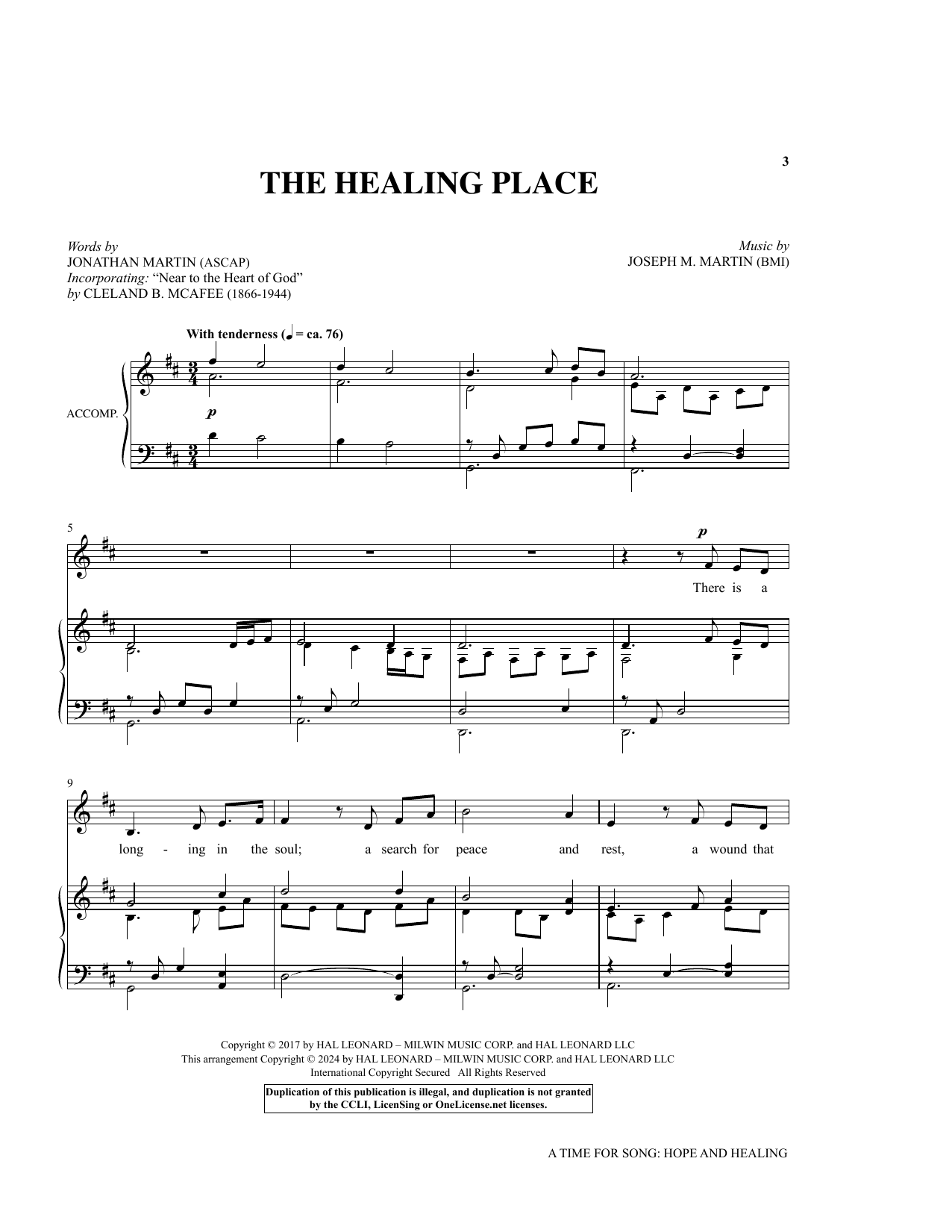 Joseph M. Martin and Jonathan Martin The Healing Place sheet music notes and chords arranged for Piano & Vocal