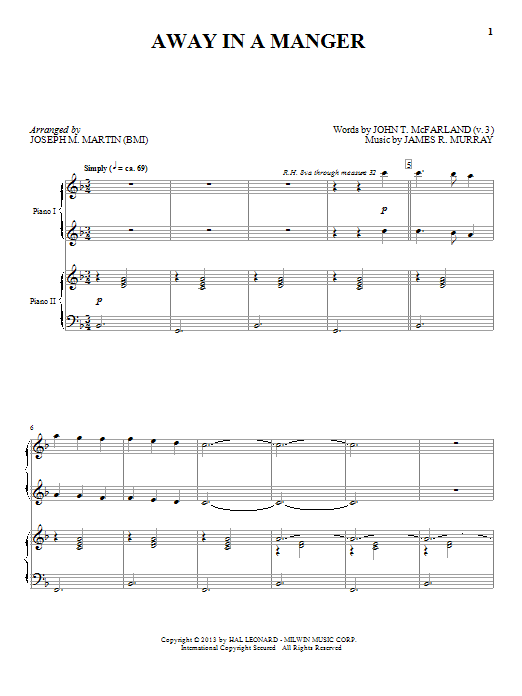 Learn to play Joseph M. Martin Away In A Manger sheet music for Piano Duet in minutes. Price: 7.8900$ Joseph M. Martin Away In A Manger sheet music notes and chords arranged for Piano Duet