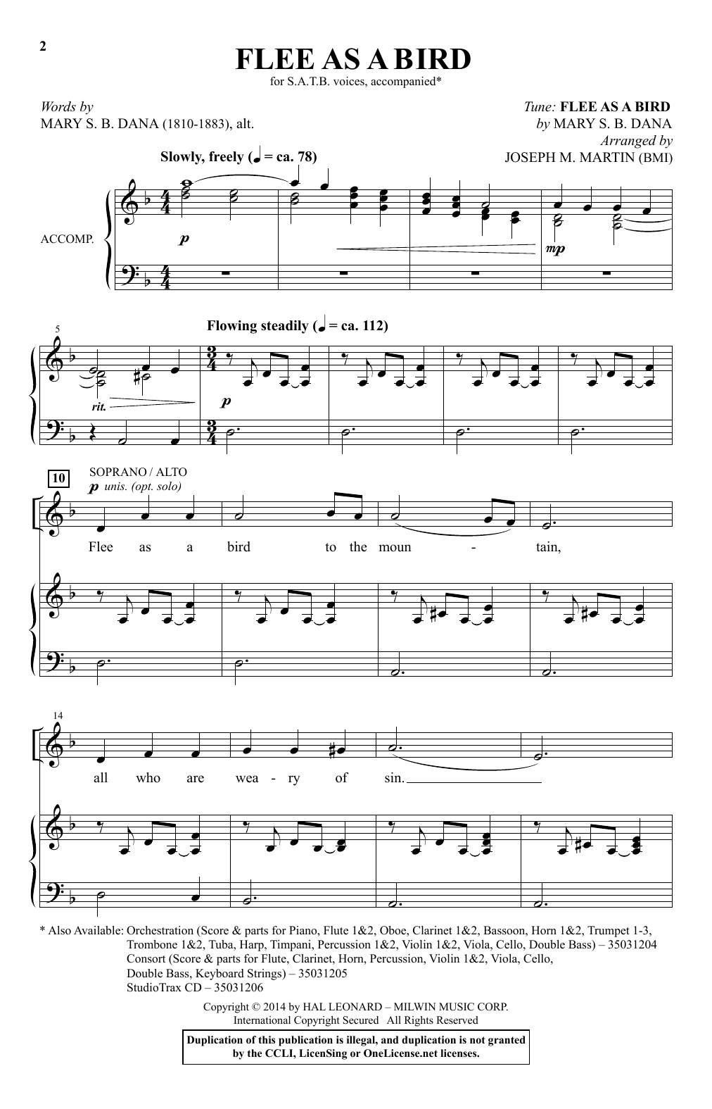 Mary S.B. Dana Flee As A Bird (arr. Joseph M. Martin) sheet music notes and chords. Download Printable PDF.