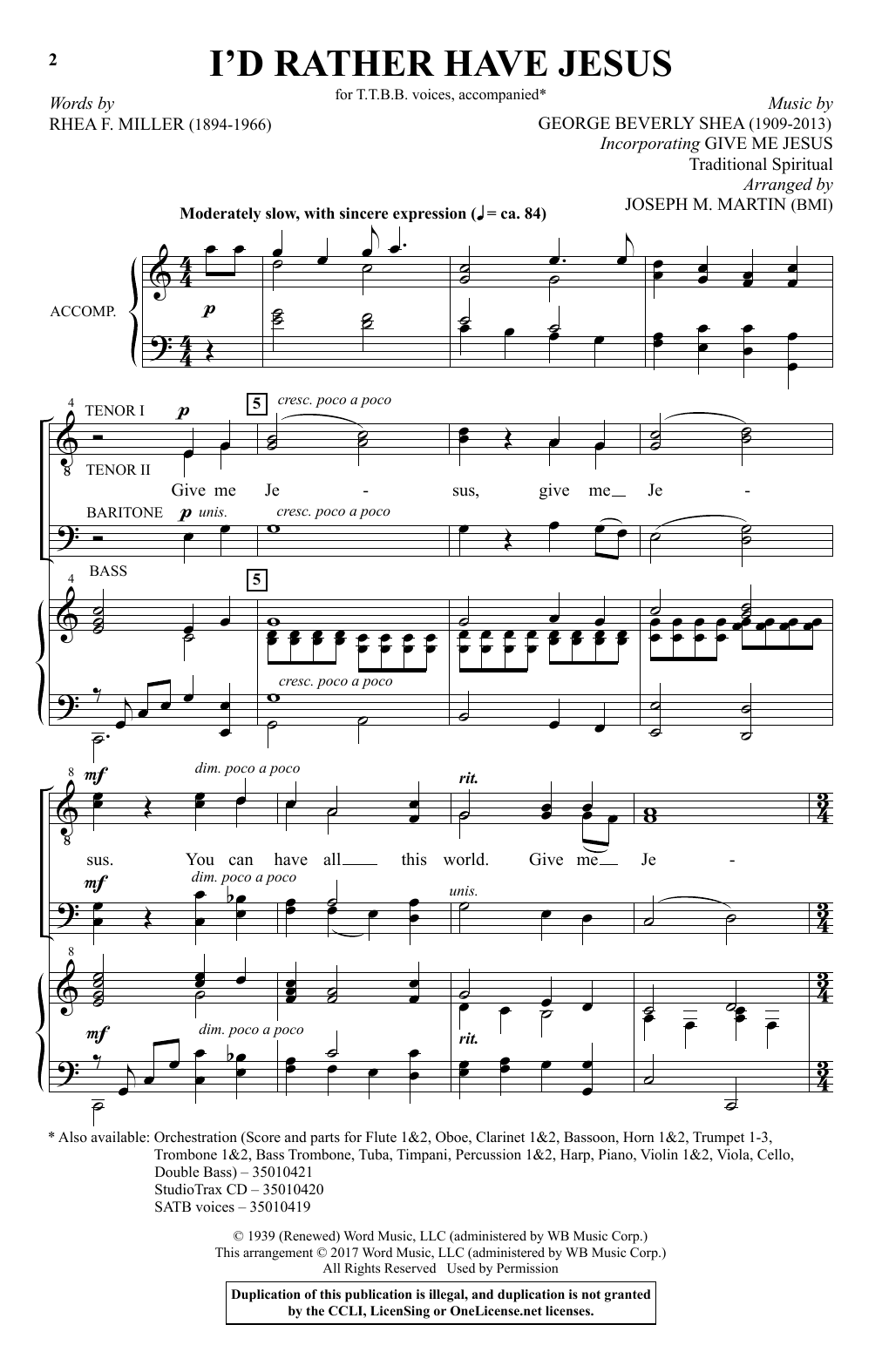 Learn to play Joseph M. Martin I'd Rather Have Jesus sheet music for TTBB Choir in minutes. Price: 3.9900$ Joseph M. Martin I'd Rather Have Jesus sheet music notes and chords arranged for TTBB Choir