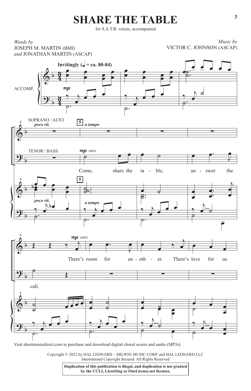 Joseph M. Martin, Jonathan Martin and Victor C. Johnson Share The Table sheet music notes and chords arranged for SATB Choir