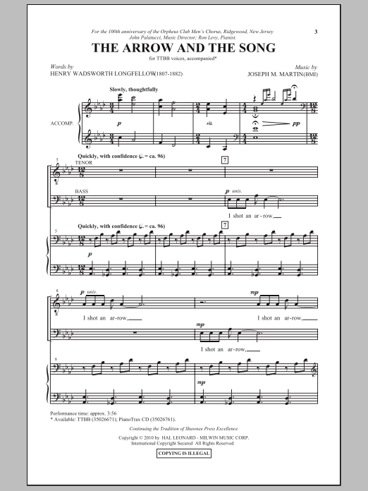 Learn to play Joseph M. Martin The Arrow And The Song sheet music for TTBB Choir in minutes. Price: 3.9900$ Joseph M. Martin The Arrow And The Song sheet music notes and chords arranged for TTBB Choir